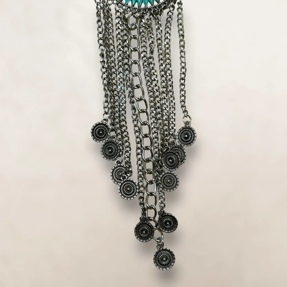 Southwestern Bohemian Bib Statement Necklace Faux Turquoise and Silver-Tone - Picture 8 of 10